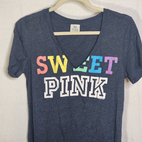 Victoria's Secret Navy Heather Sweet Pink Rainbow V Neck Short Sleeve Tee Size M - Picture 3 of 16